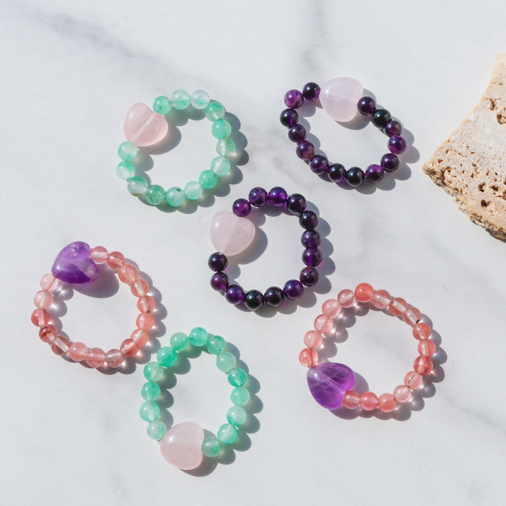 Natural Crystal Amethyst Strawberry Quartz Green Aventurine Simple And Versatile Elastic Ring