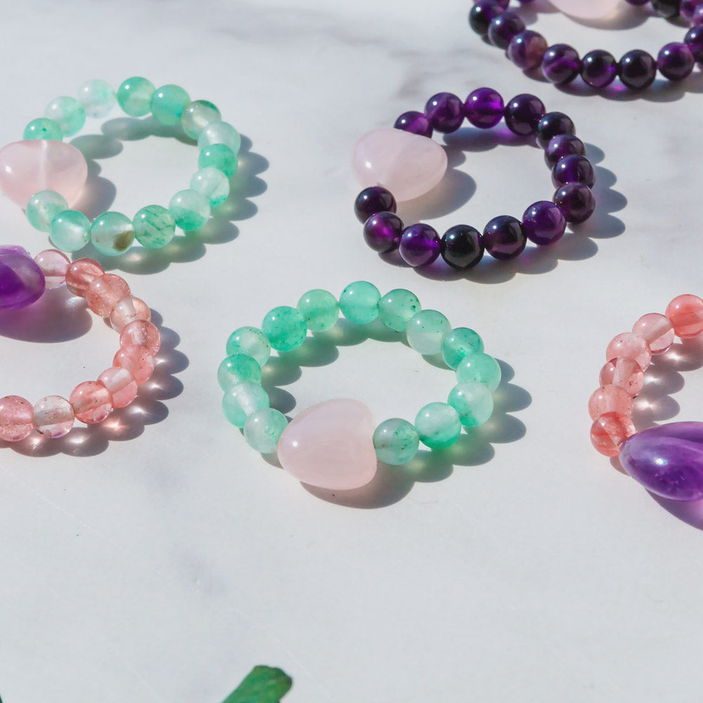 Natural Crystal Amethyst Strawberry Quartz Green Aventurine Simple And Versatile Elastic Ring