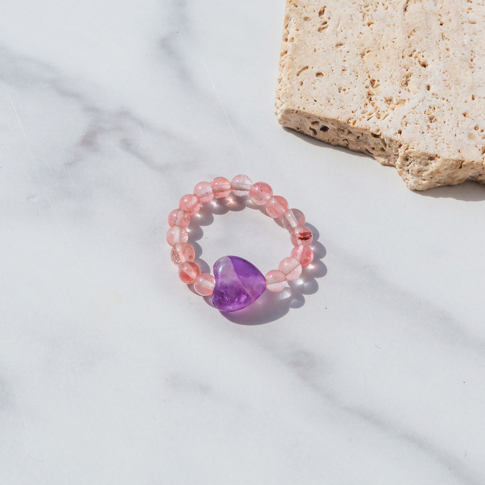 Natural Crystal Amethyst Strawberry Quartz Green Aventurine Simple And Versatile Elastic Ring