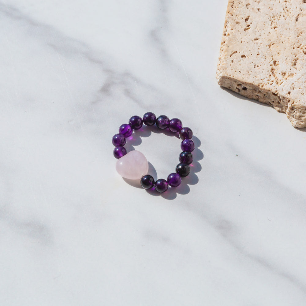 Natural Crystal Amethyst Strawberry Quartz Green Aventurine Simple And Versatile Elastic Ring