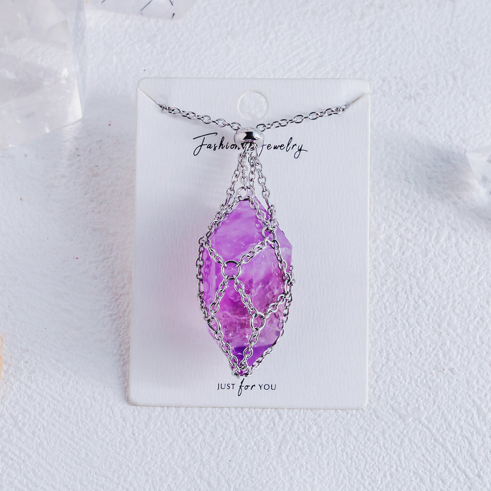 【Sliver O Mesh】Natural Crystal Adjustable Necklace【Point/Tumbled】