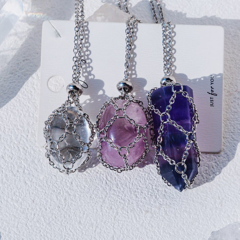 【Sliver O Mesh】Natural Crystal Adjustable Necklace【Point/Tumbled】