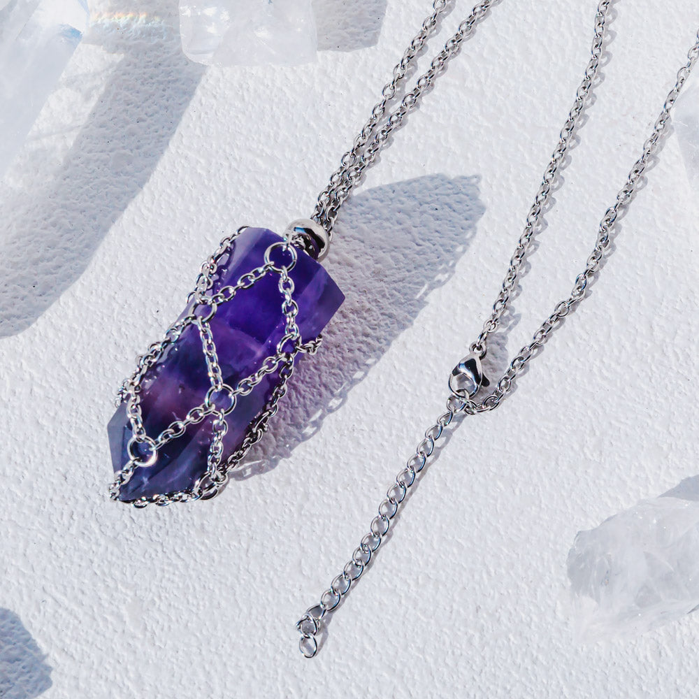 【Sliver O Mesh】Natural Crystal Adjustable Necklace【Point/Tumbled】