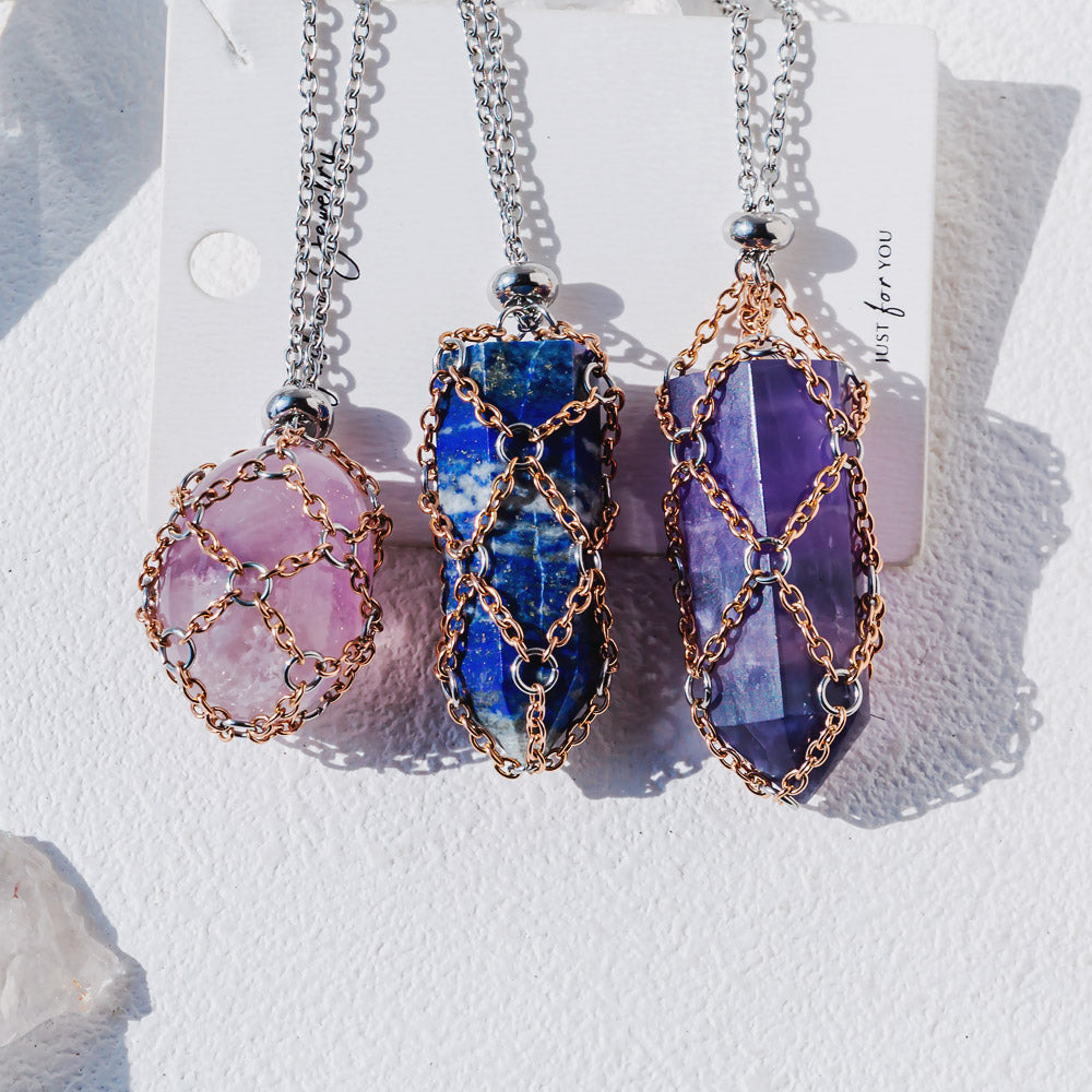 【Rose Golden O Mesh】Natural Crystal Adjustable Necklace【Point/Tumbled】