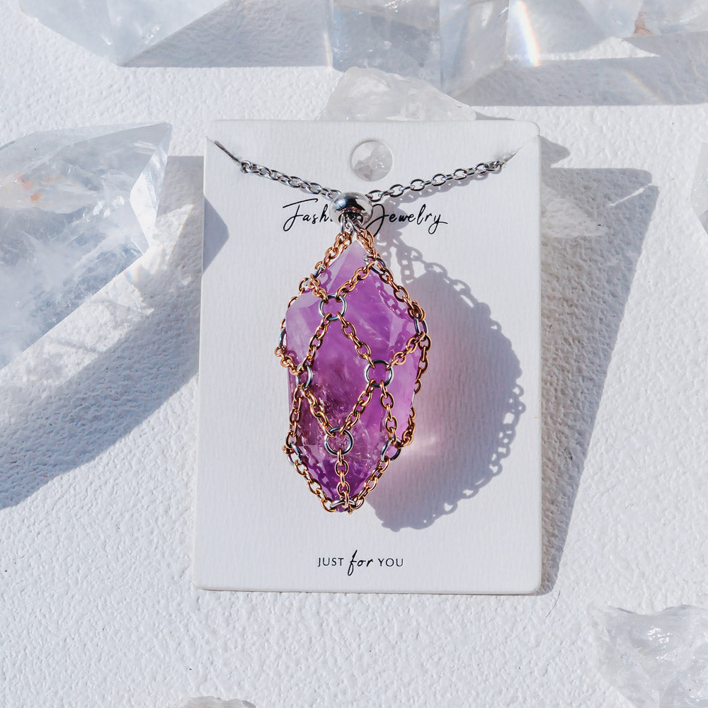 【Rose Golden O Mesh】Natural Crystal Adjustable Necklace【Point/Tumbled】