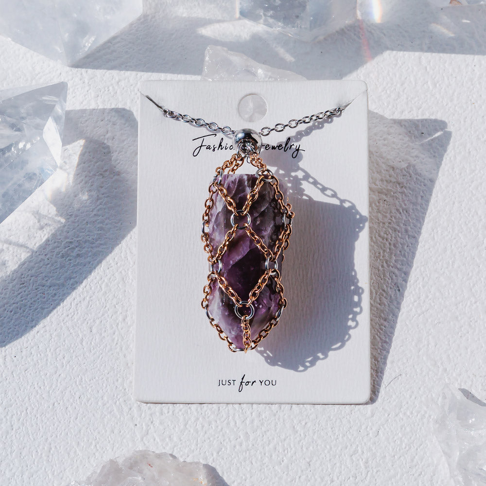 【Rose Golden O Mesh】Natural Crystal Adjustable Necklace【Point/Tumbled】