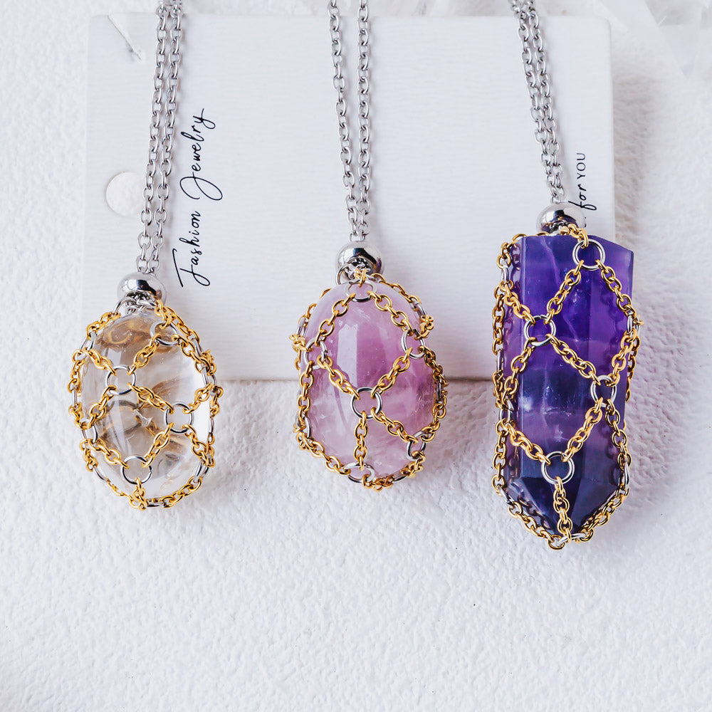 【Golden O Mesh】Natural Crystal Adjustable Necklace【Point/Tumbled】