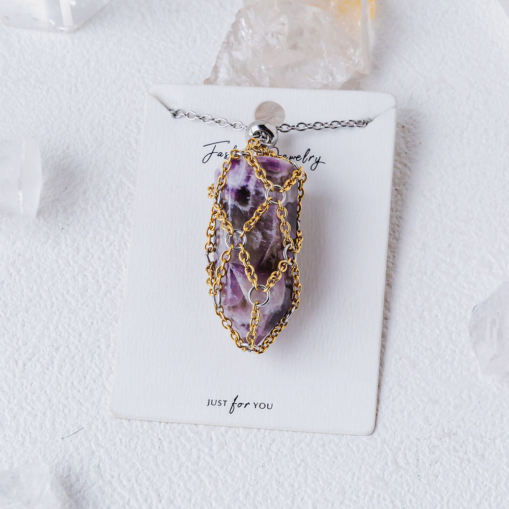 【Golden O Mesh】Natural Crystal Adjustable Necklace【Point/Tumbled】