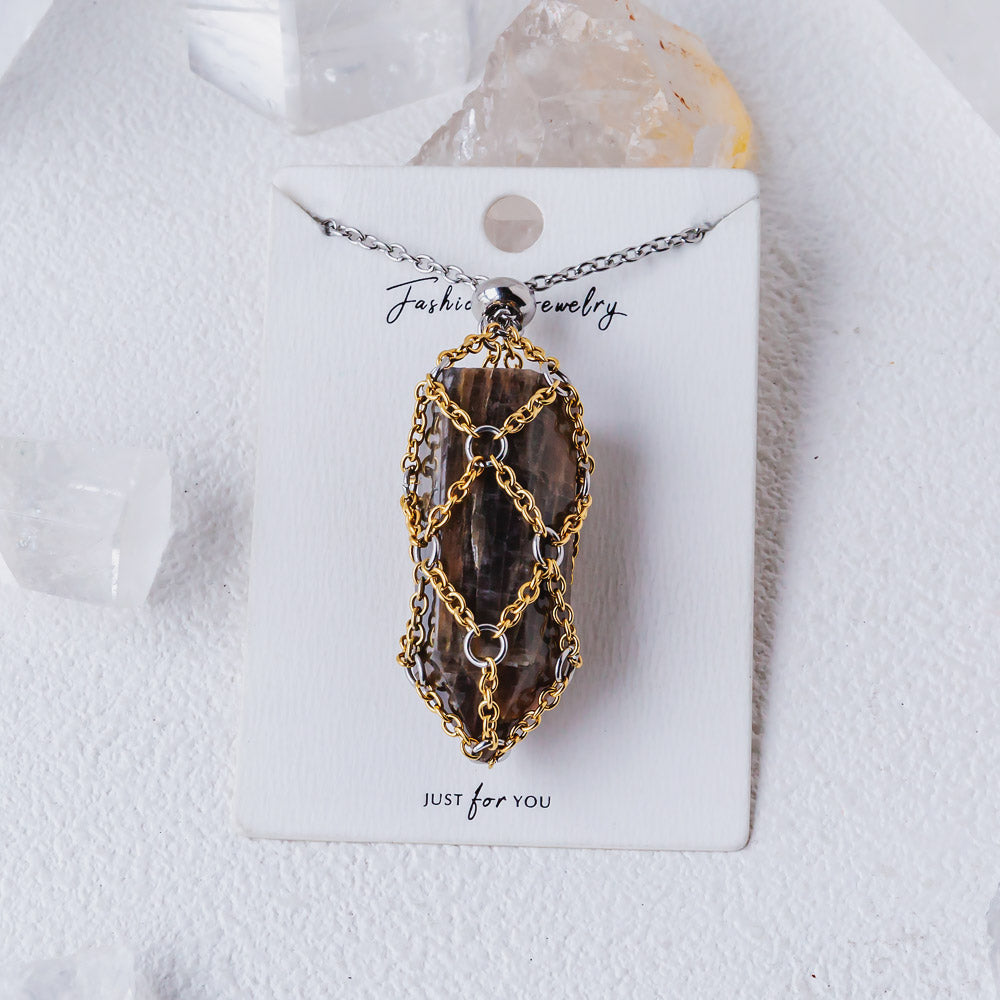 【Golden O Mesh】Natural Crystal Adjustable Necklace【Point/Tumbled】