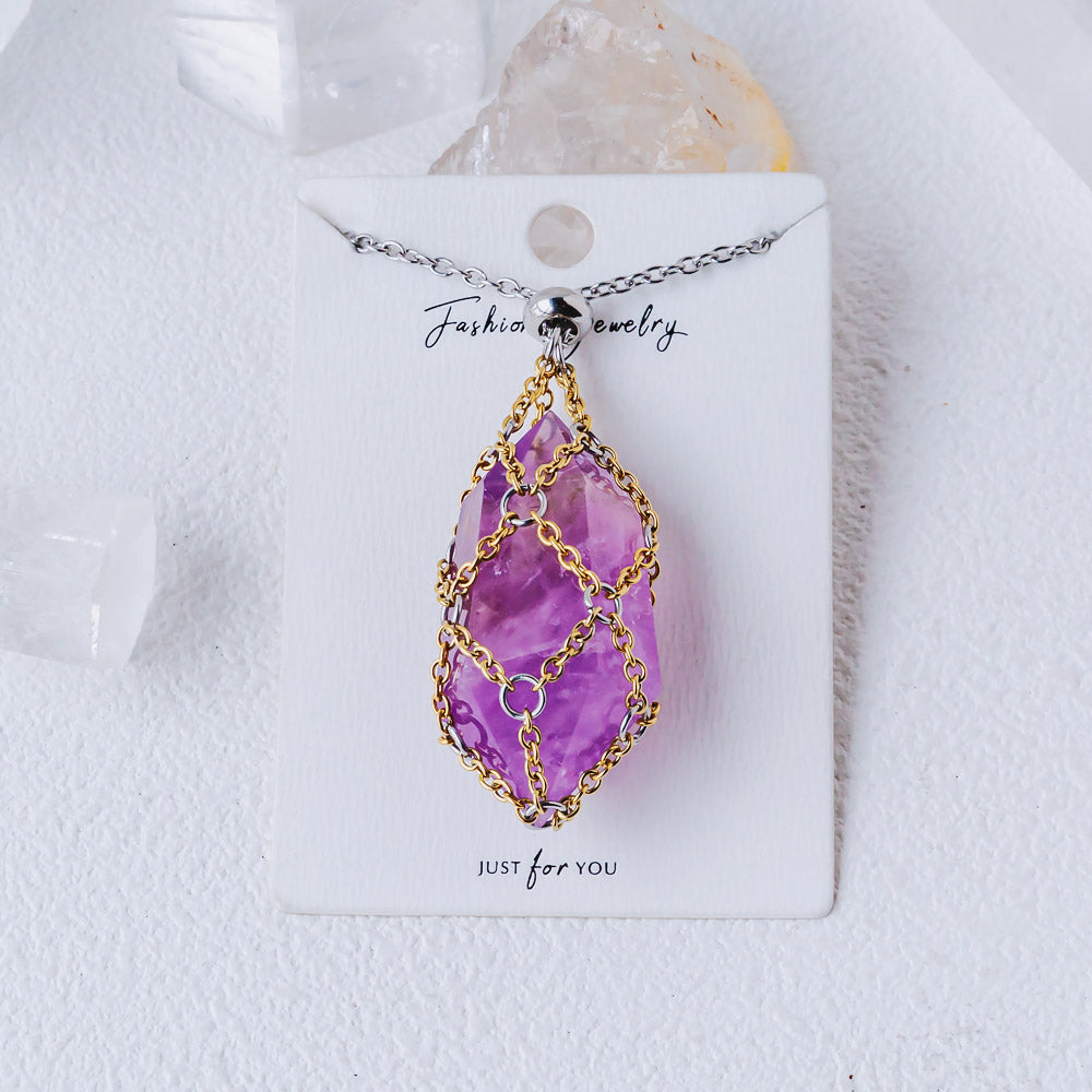 【Golden O Mesh】Natural Crystal Adjustable Necklace【Point/Tumbled】