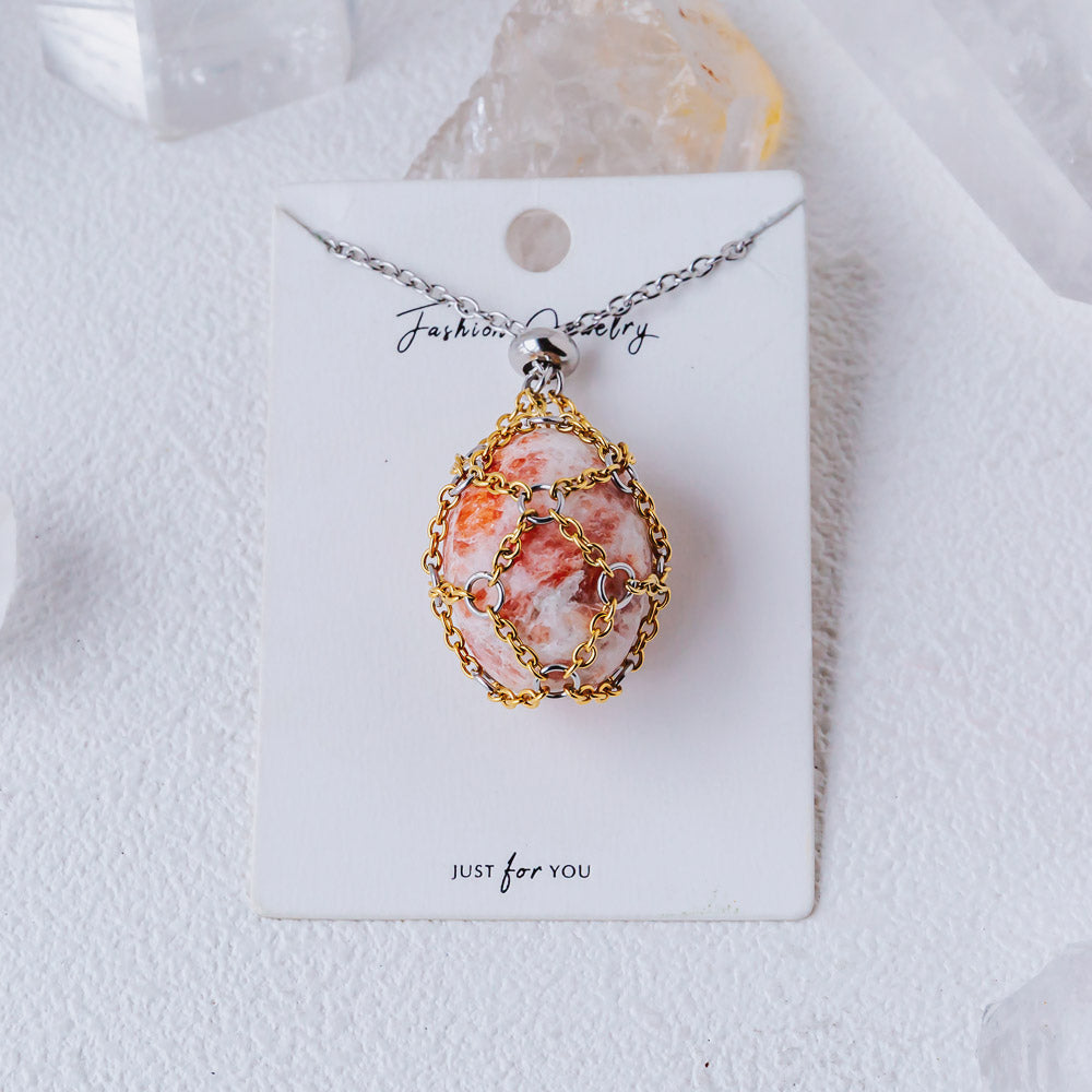 【Golden O Mesh】Natural Crystal Adjustable Necklace【Point/Tumbled】