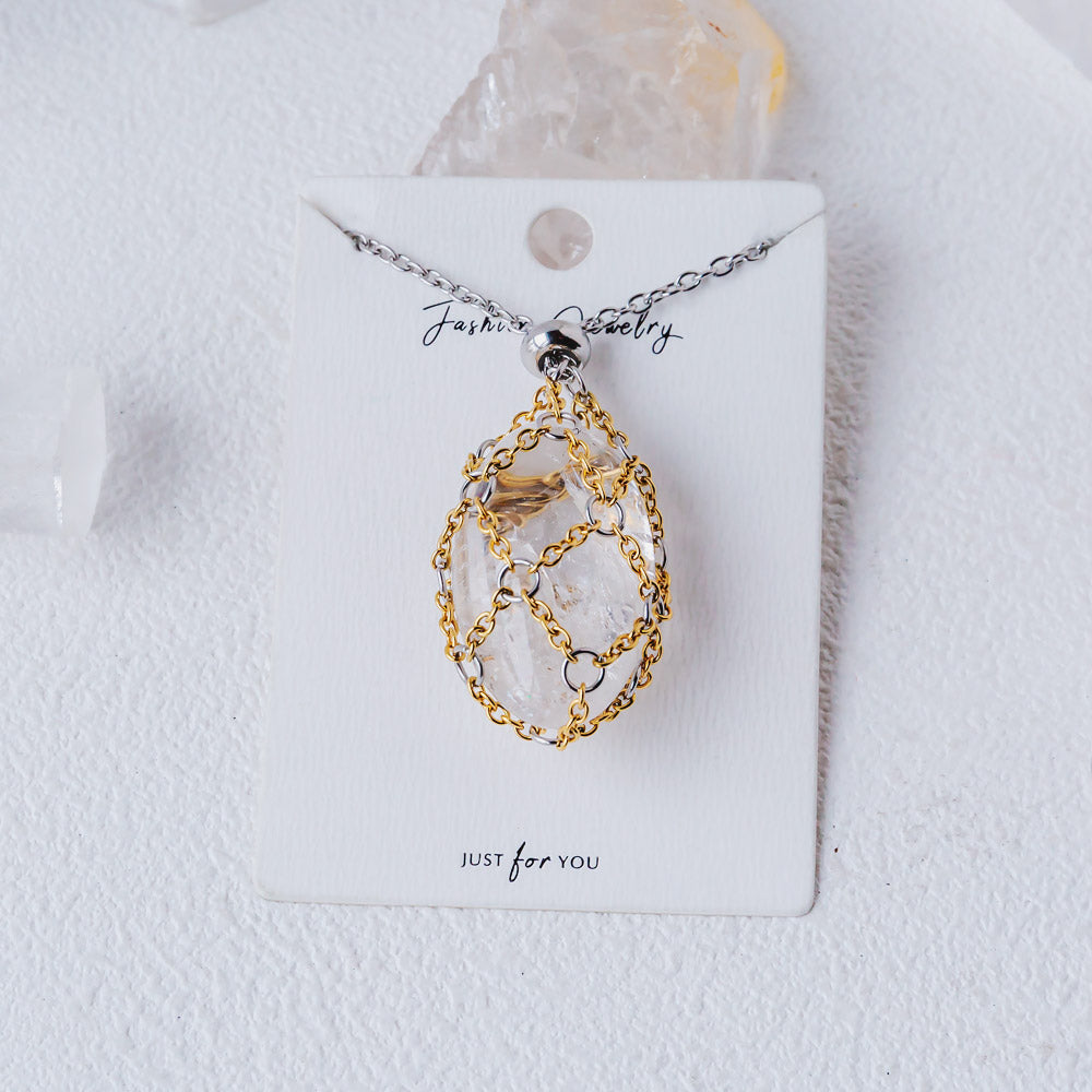 【Golden O Mesh】Natural Crystal Adjustable Necklace【Point/Tumbled】