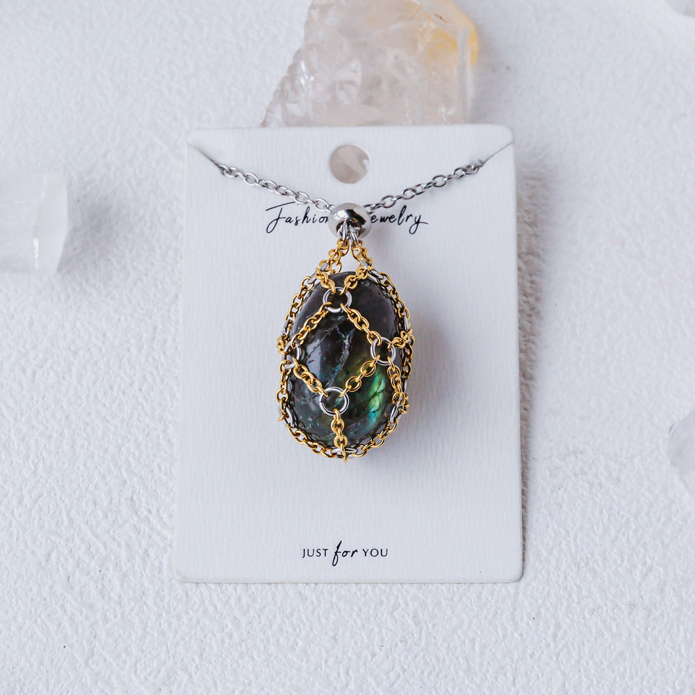 【Golden O Mesh】Natural Crystal Adjustable Necklace【Point/Tumbled】