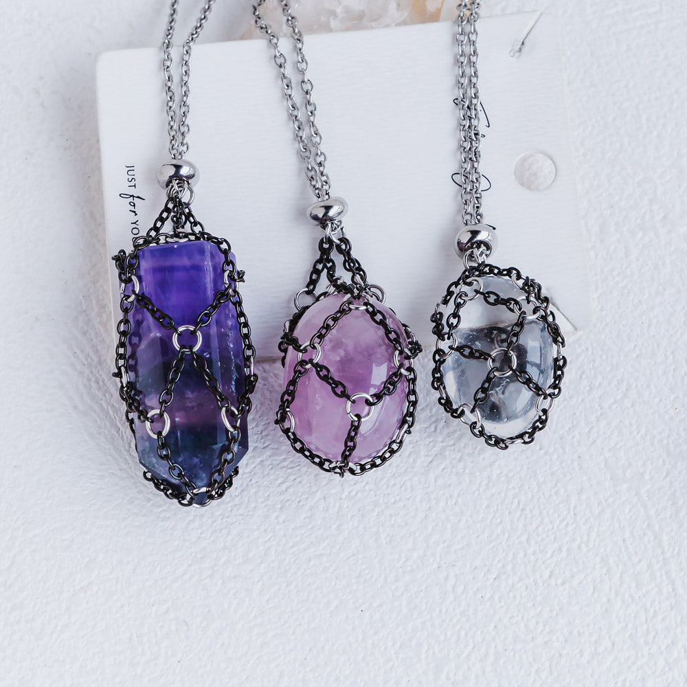 【Black O Mesh】Natural Crystal Adjustable Necklace【Point/Tumbled】