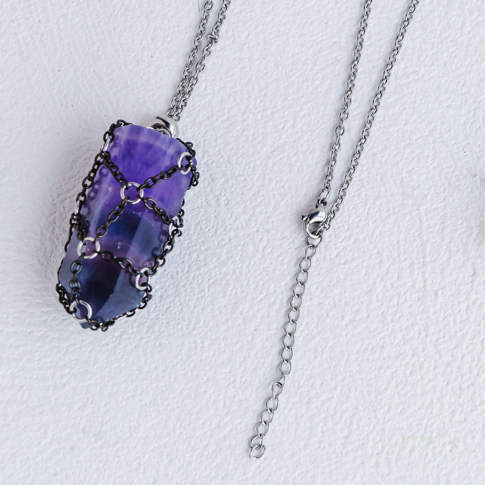 【Black O Mesh】Natural Crystal Adjustable Necklace【Point/Tumbled】