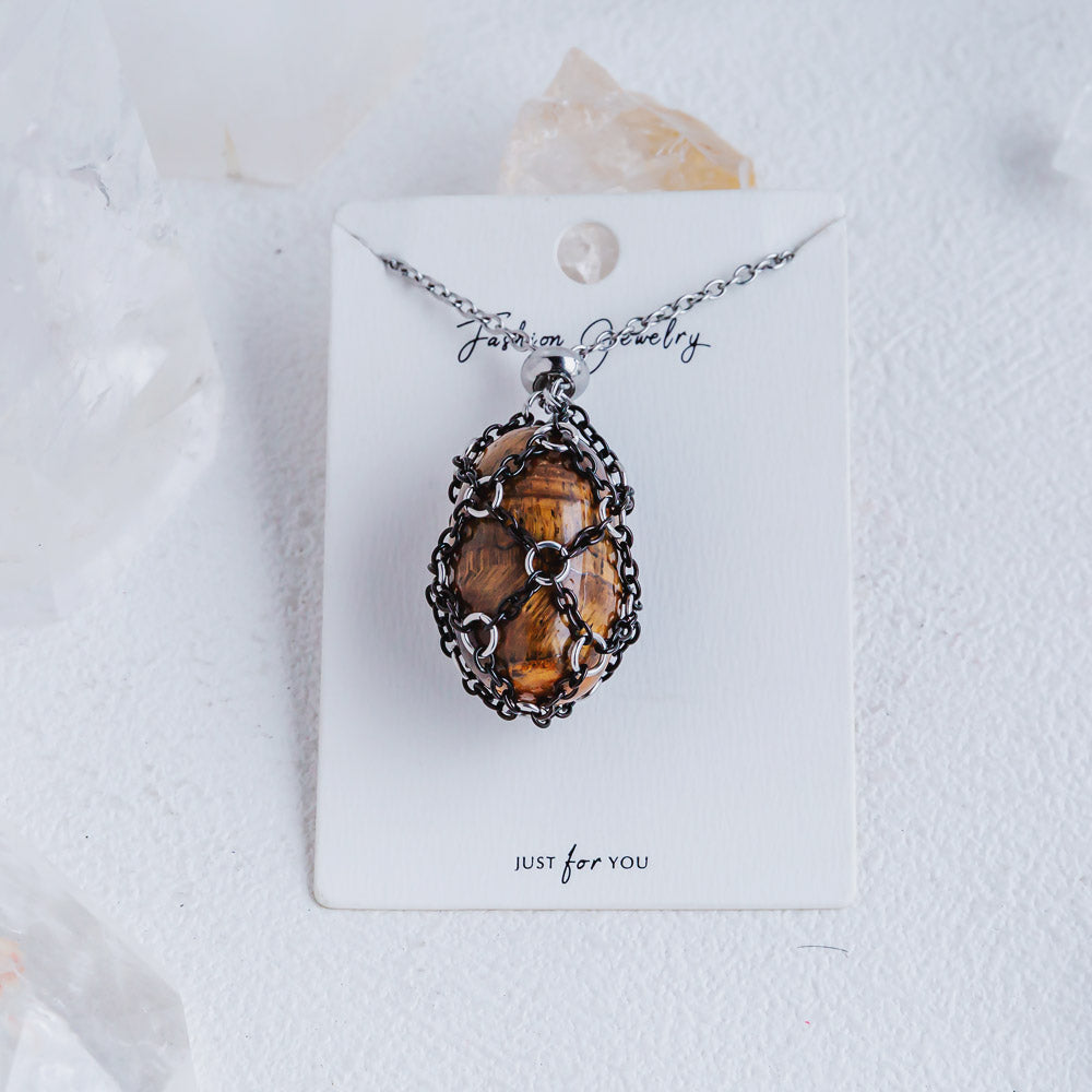 【Black O Mesh】Natural Crystal Adjustable Necklace【Point/Tumbled】