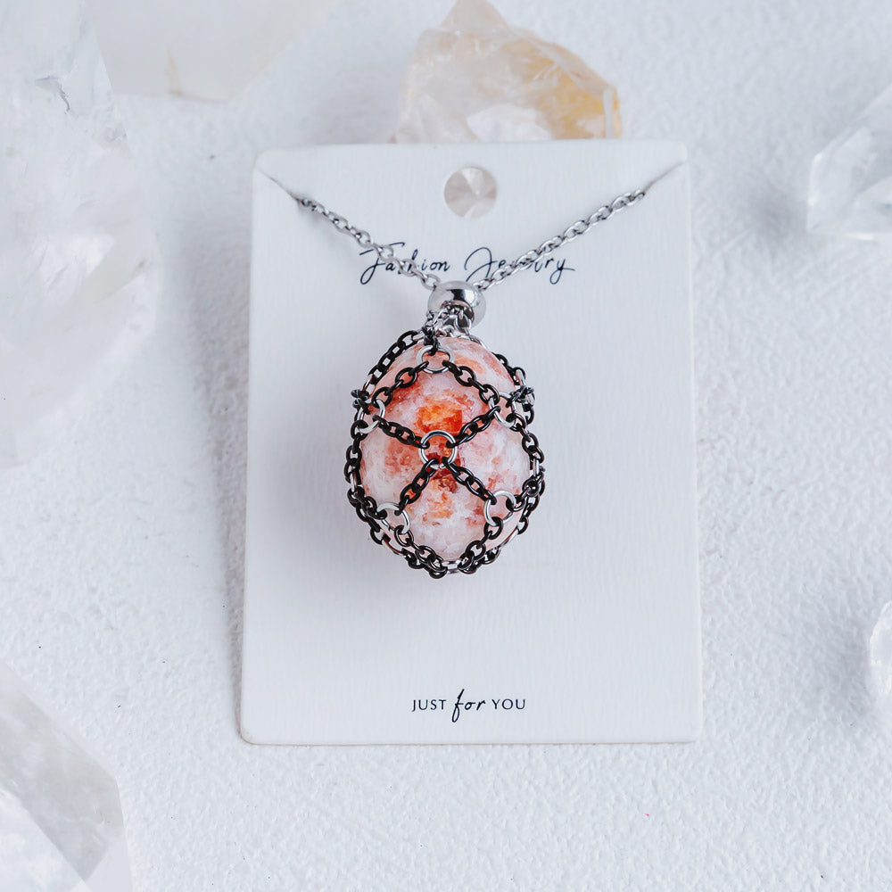 【Black O Mesh】Natural Crystal Adjustable Necklace【Point/Tumbled】