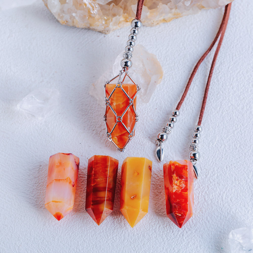 Reikistal【Brown Leather Rope】Metal Bamboo Woven Necklace【Tumble/Point】