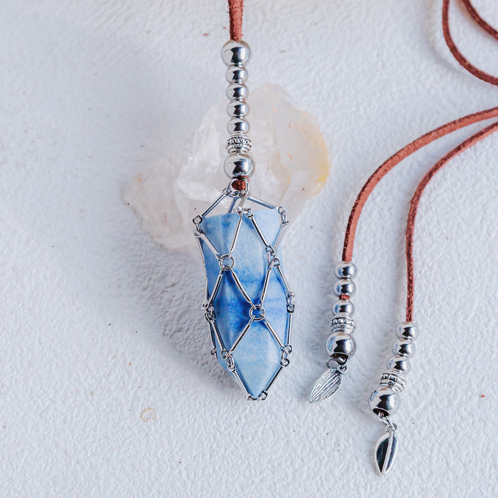 Reikistal【Brown Leather Rope】Metal Bamboo Woven Necklace【Tumble/Point】