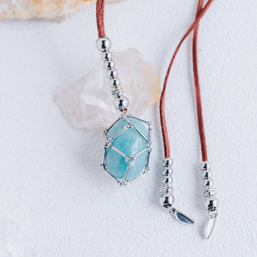 Reikistal【Brown Leather Rope】Metal Bamboo Woven Necklace【Tumble/Point】