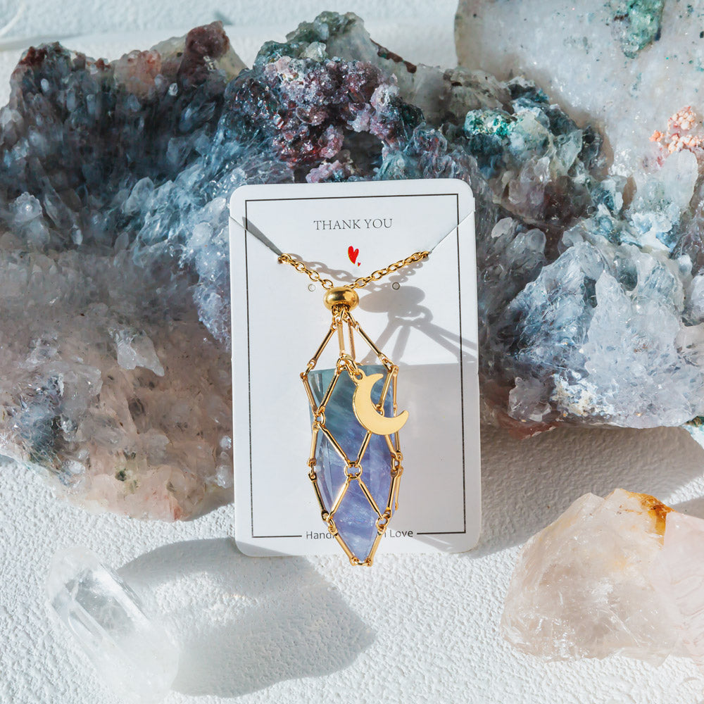 【Moon】Natural Crystal Adjustable Sliver & Golden Necklace — Tumbled/Point