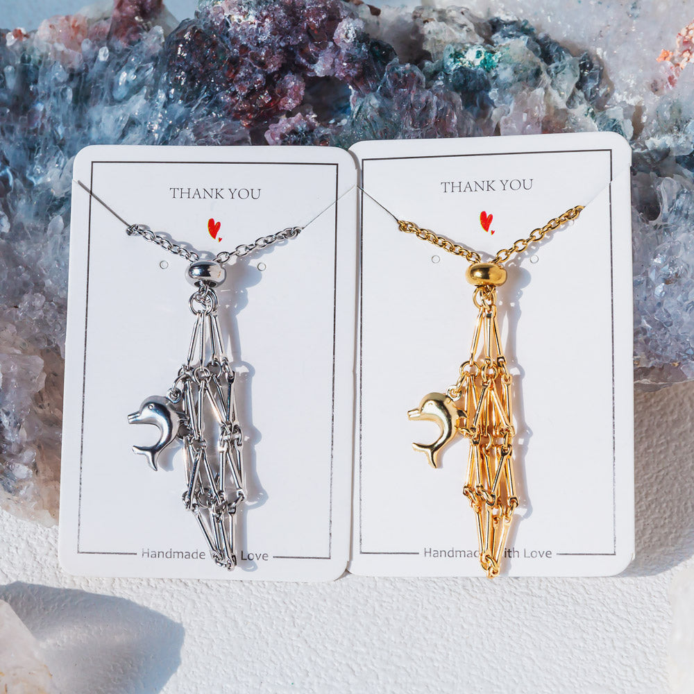 【Dolphin】Natural Crystal Adjustable Sliver & Golden Necklace — Tumbled/Point