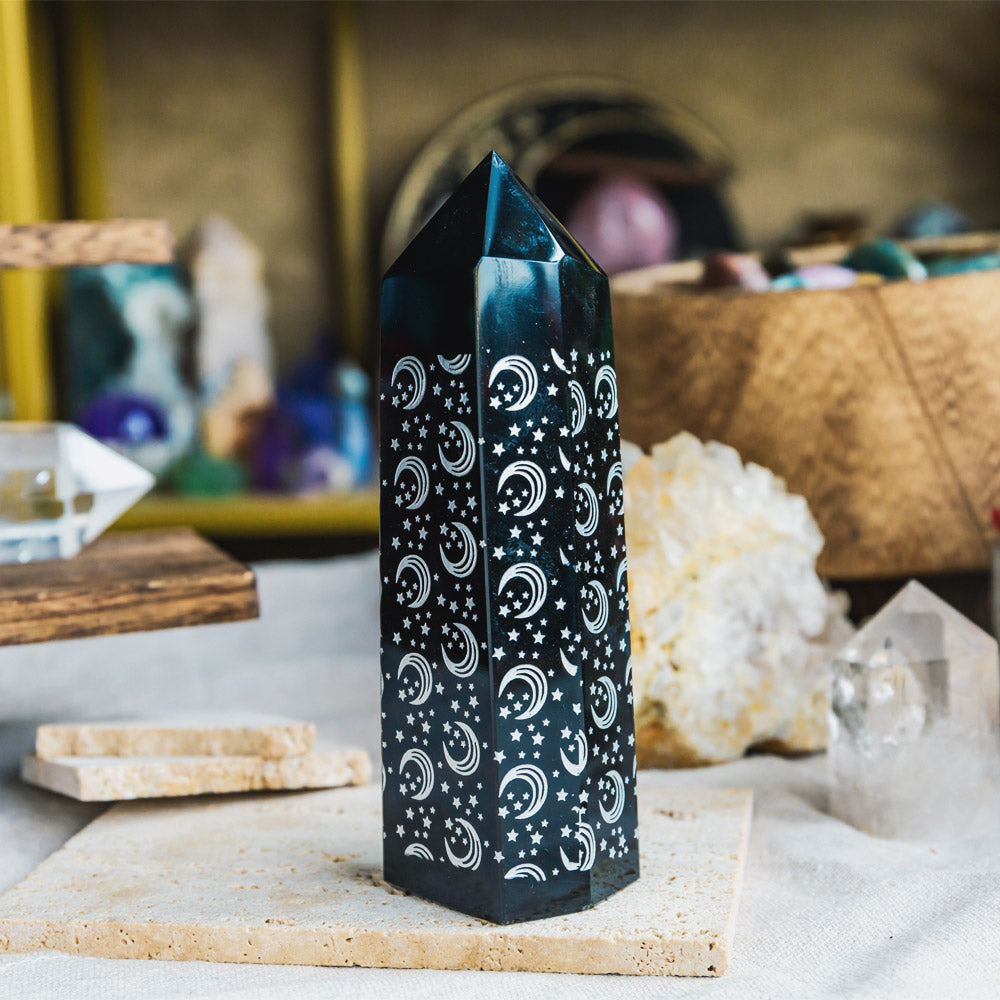 Reikistal Black Obsidian With Moon And Star Phase Tower