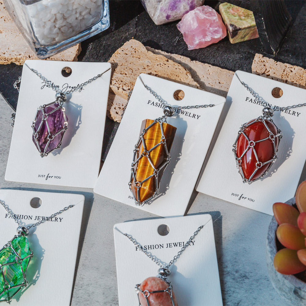 Reikistal Natural Crystal Net Metal Bamboo Necklace Woven Pendant