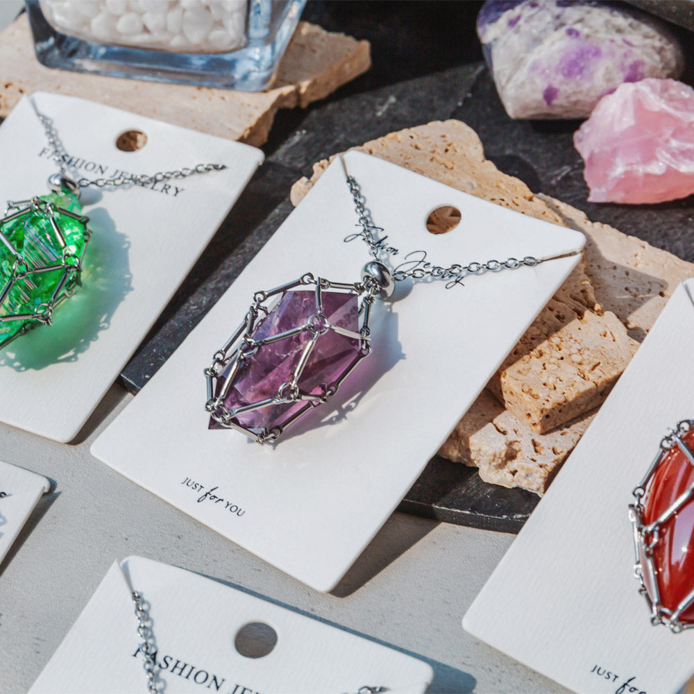 Reikistal Natural Crystal Net Metal Bamboo Necklace Woven Pendant