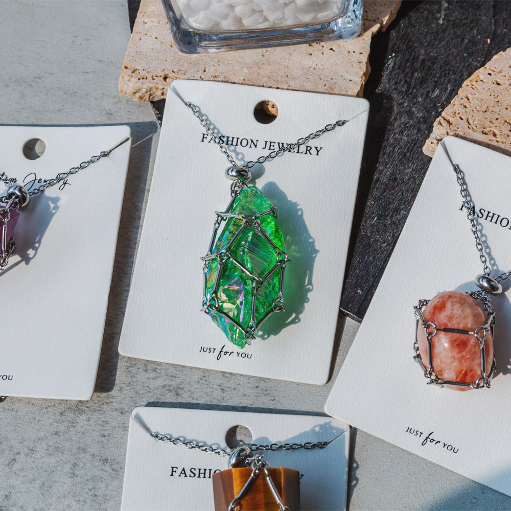 Reikistal Natural Crystal Net Metal Bamboo Necklace Woven Pendant