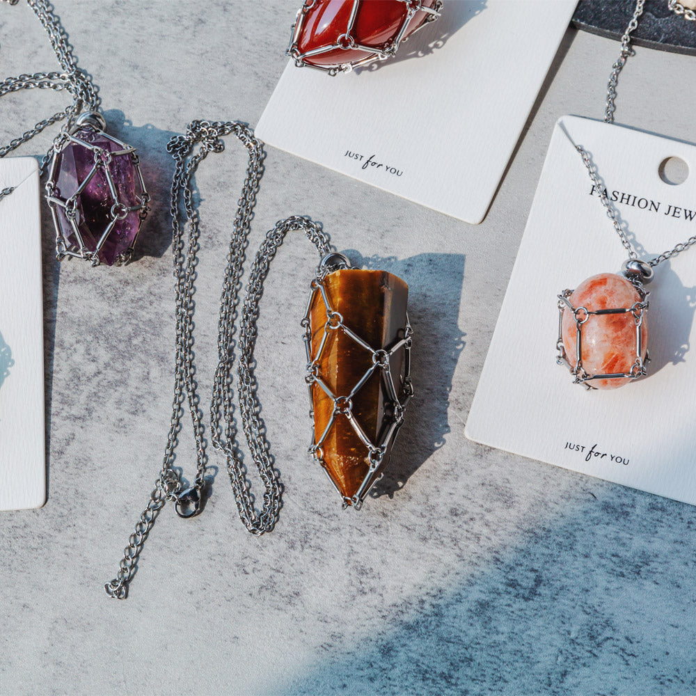 Reikistal Natural Crystal Net Metal Bamboo Necklace Woven Pendant