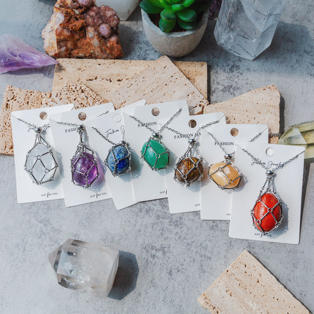 Reikistal Natural Crystal Net Metal Bamboo Necklace Woven Pendant