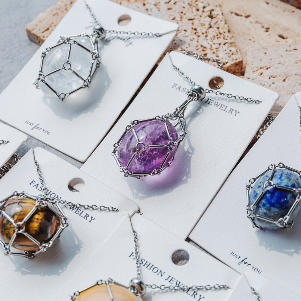 Reikistal Natural Crystal Net Metal Bamboo Necklace Woven Pendant