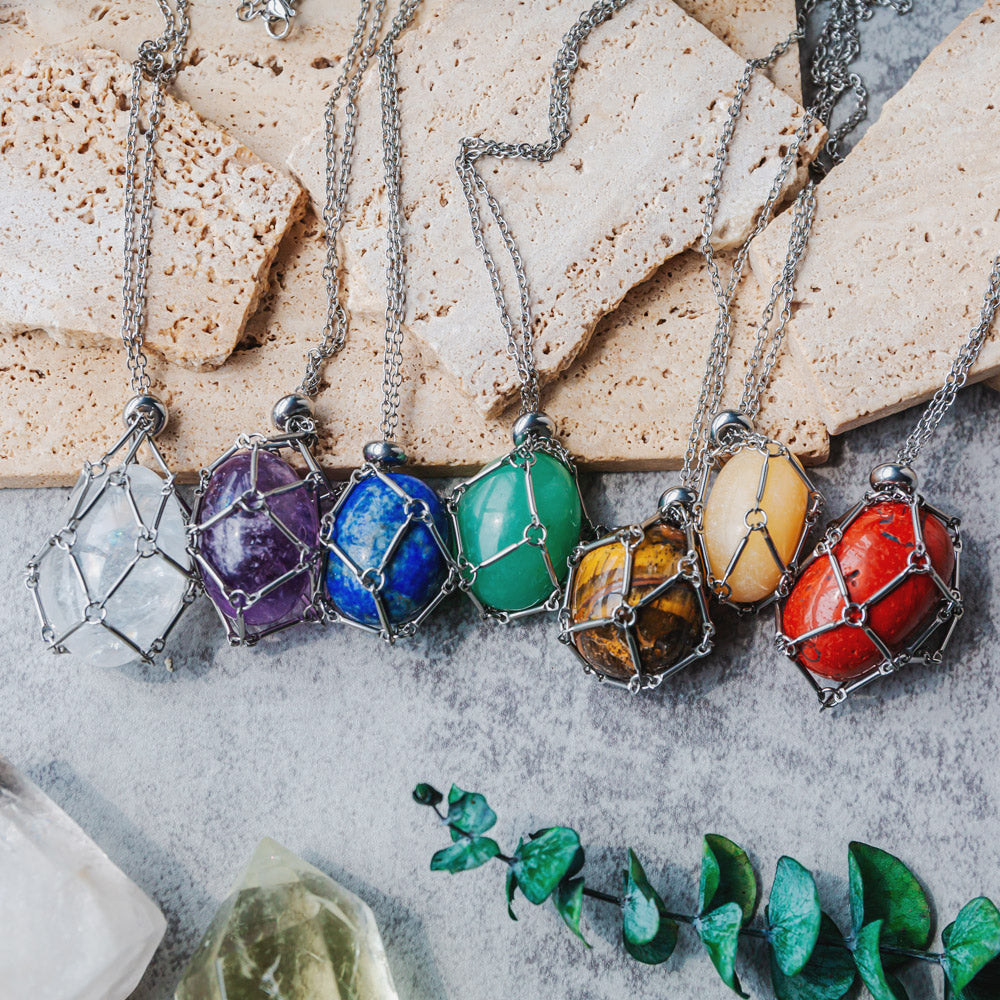 Reikistal Natural Crystal Net Metal Bamboo Necklace Woven Pendant