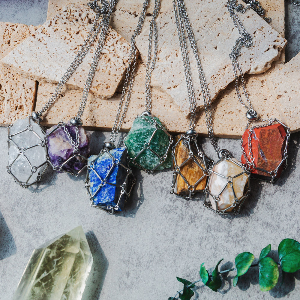 Reikistal Natural Crystal Net Metal Bamboo Necklace Woven Pendant