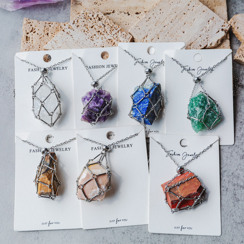 Reikistal Natural Crystal Net Metal Bamboo Necklace Woven Pendant