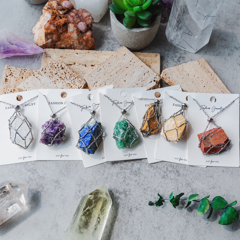 Reikistal Natural Crystal Net Metal Bamboo Necklace Woven Pendant