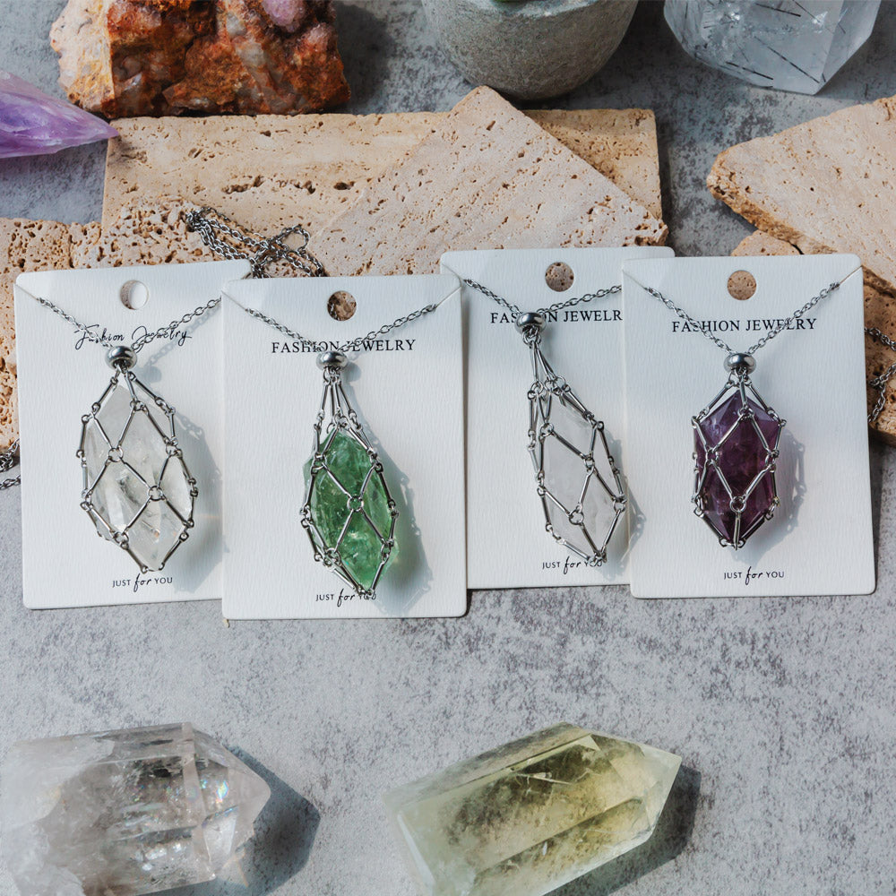 Reikistal Natural Crystal Net Metal Bamboo Necklace Woven Pendant