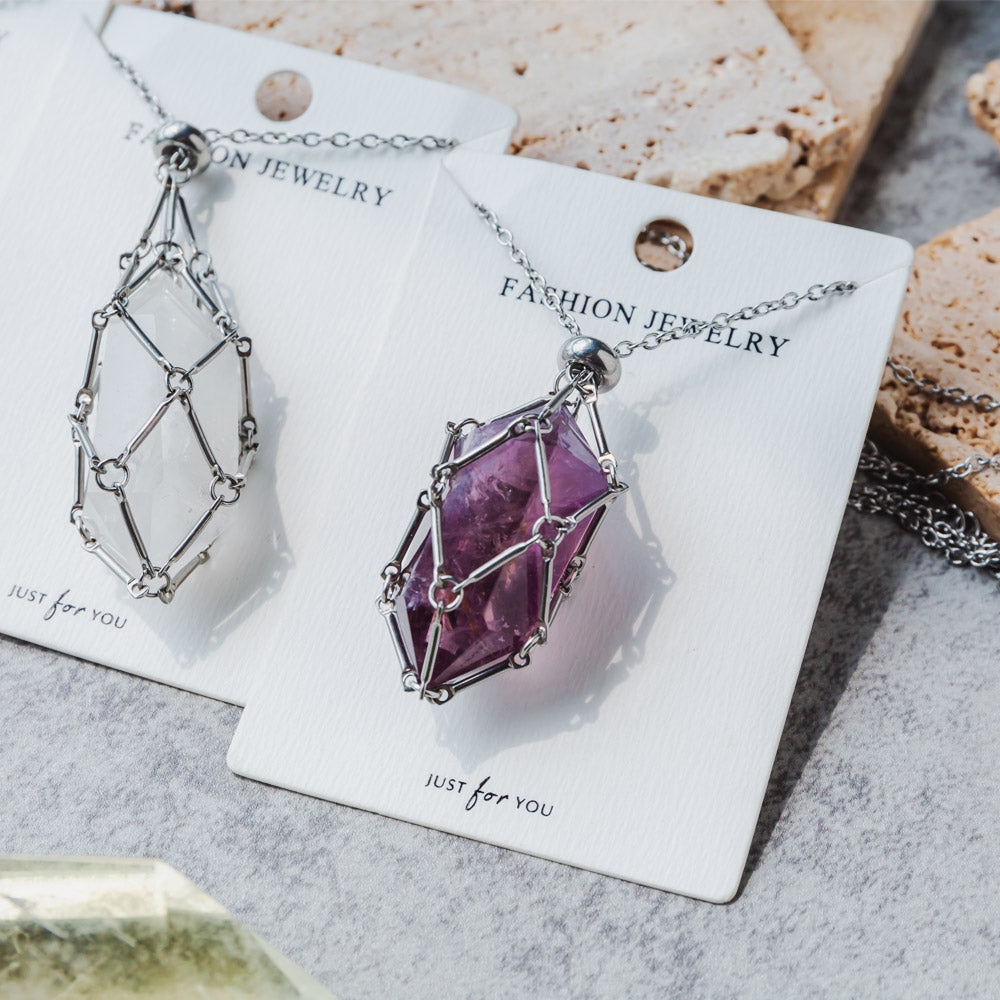 Reikistal Natural Crystal Net Metal Bamboo Necklace Woven Pendant