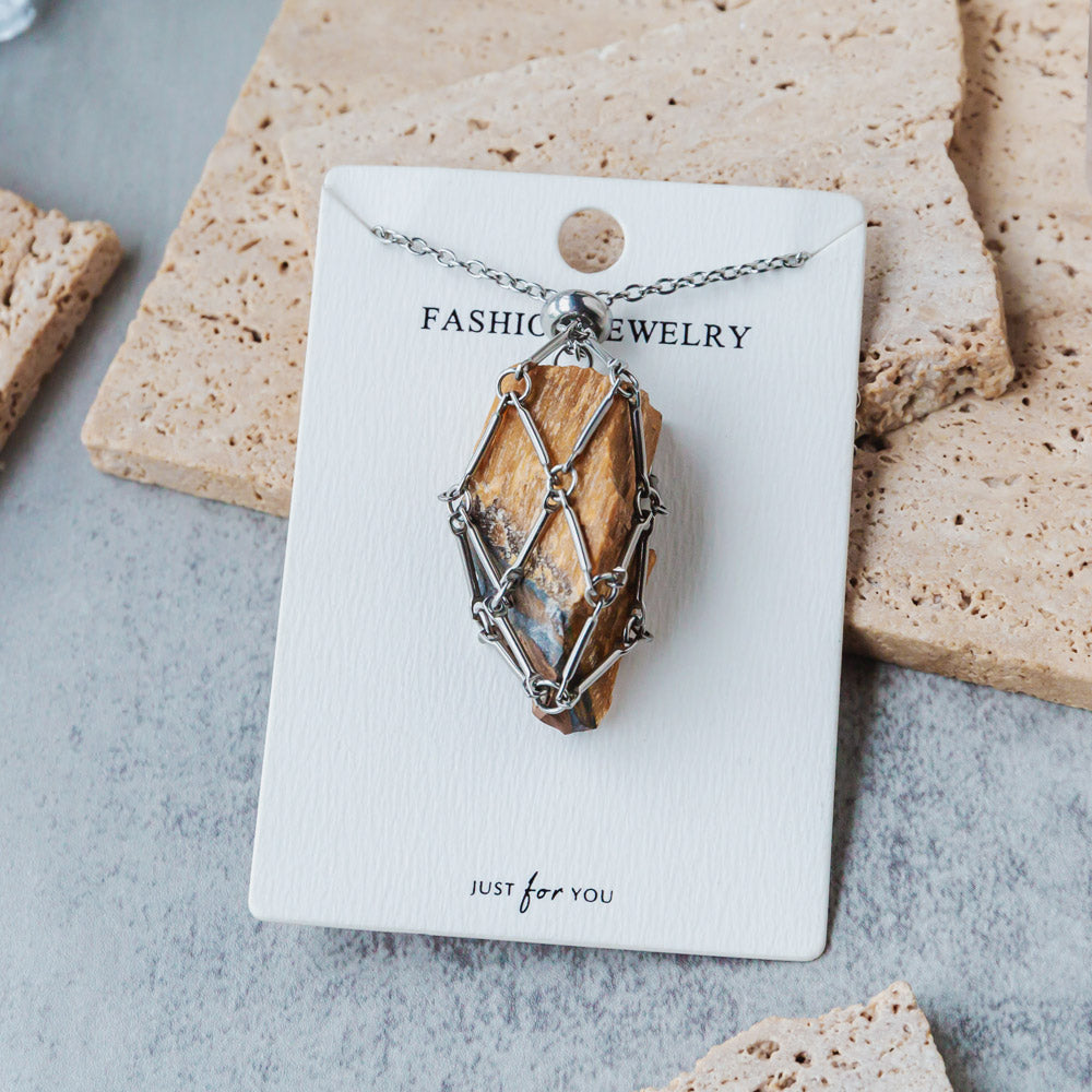 Reikistal Natural Crystal Net Metal Bamboo Necklace Woven Pendant