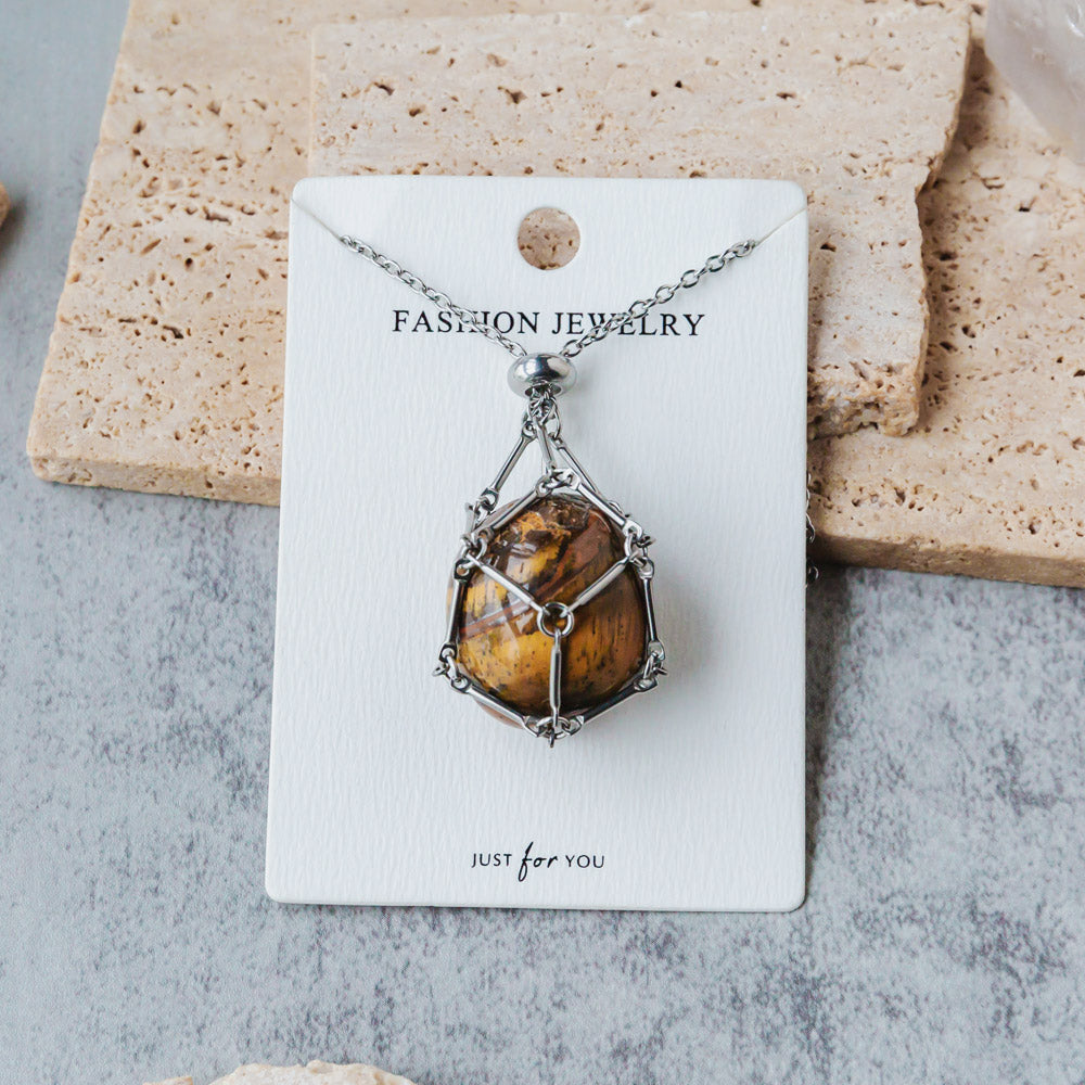 Reikistal Natural Crystal Net Metal Bamboo Necklace Woven Pendant