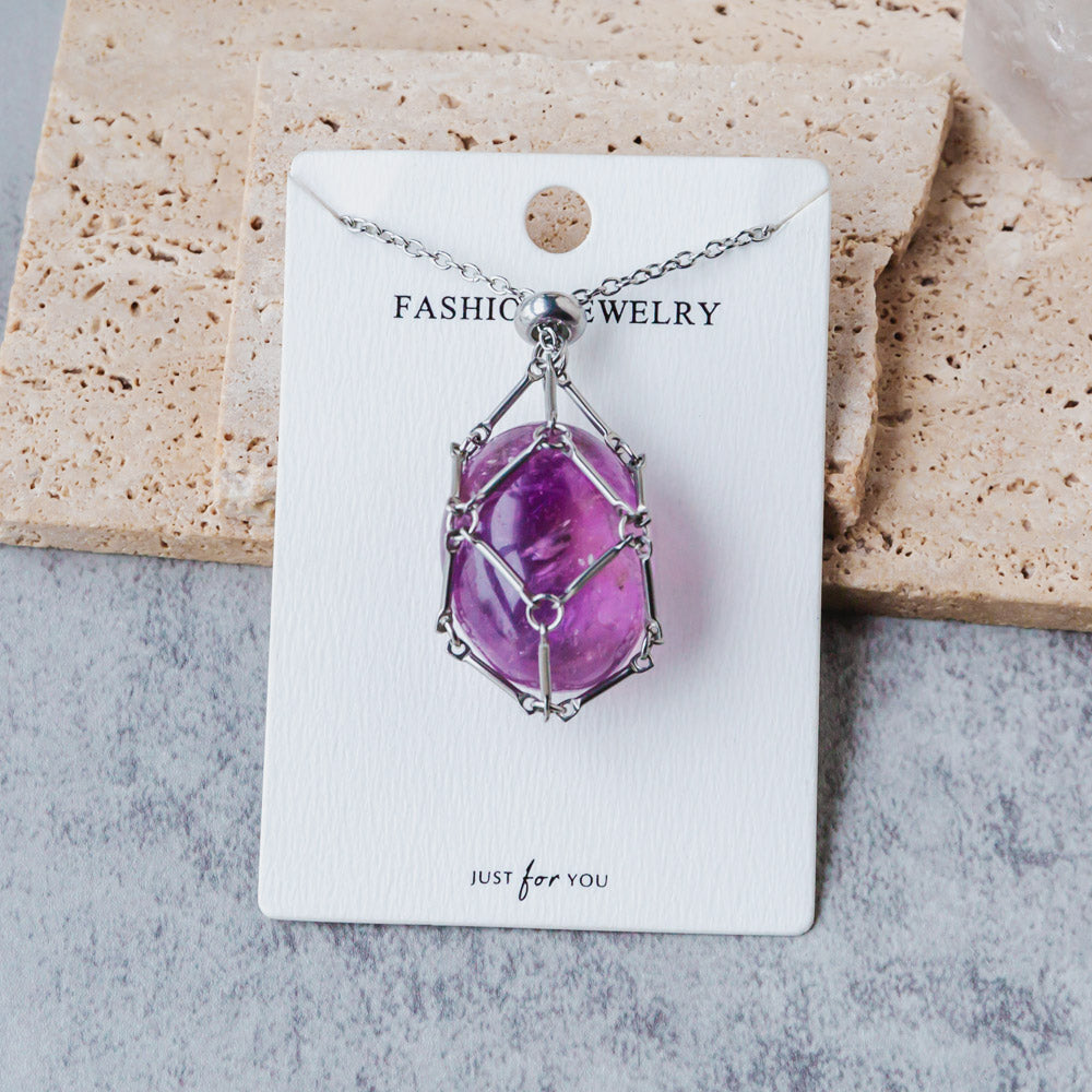 Reikistal Natural Crystal Net Metal Bamboo Necklace Woven Pendant