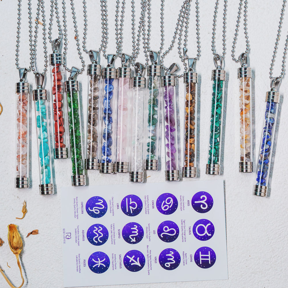 【Zodiac】Natural Crystal Chips Wishing Bottle Necklace