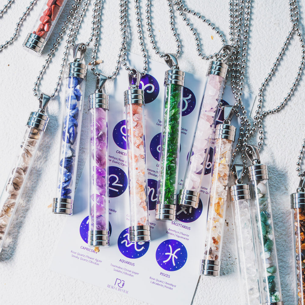【Zodiac】Natural Crystal Chips Wishing Bottle Necklace