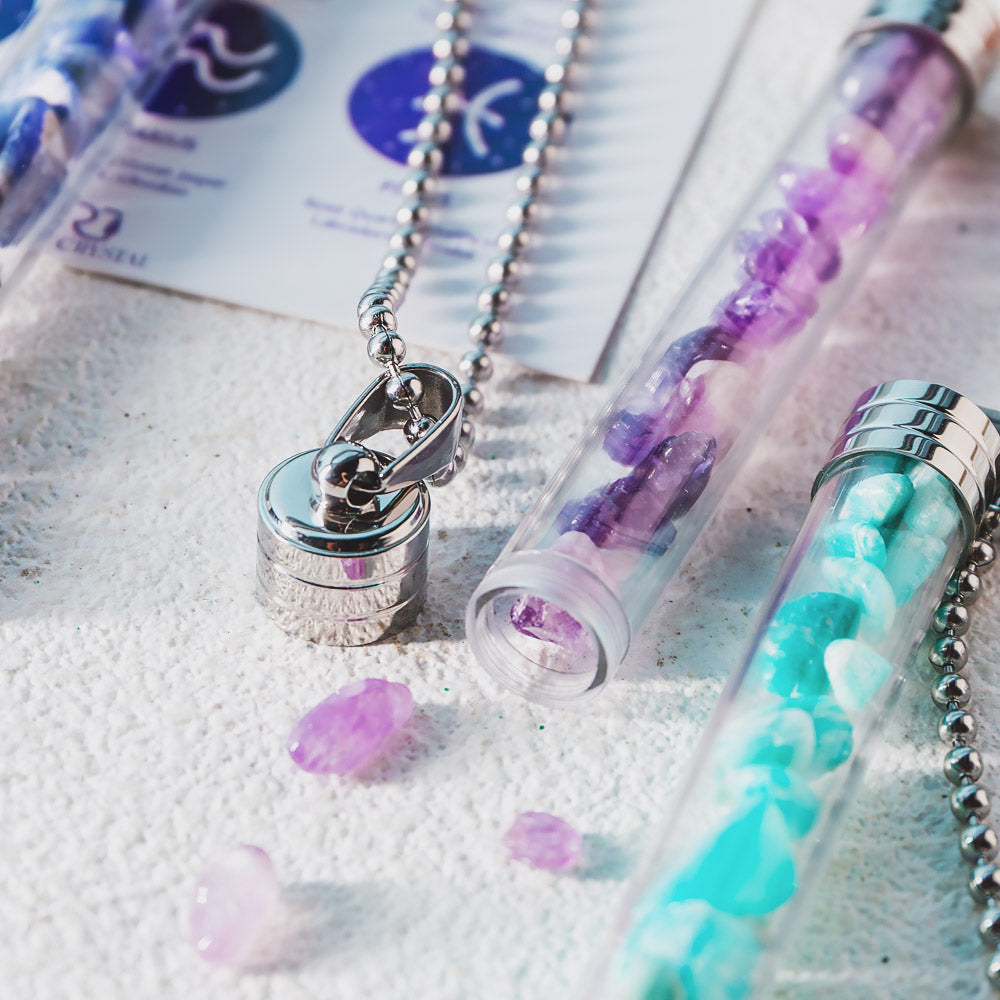【Zodiac】Natural Crystal Chips Wishing Bottle Necklace