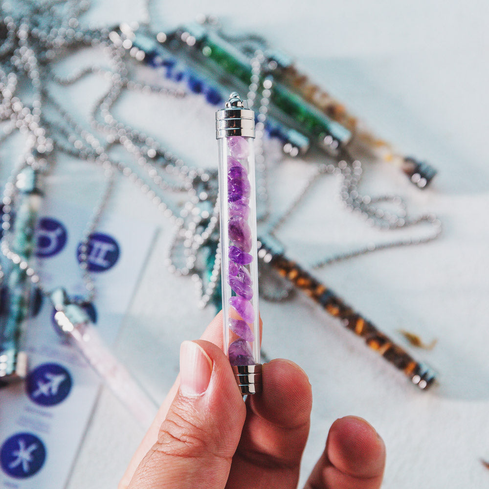 【Zodiac】Natural Crystal Chips Wishing Bottle Necklace