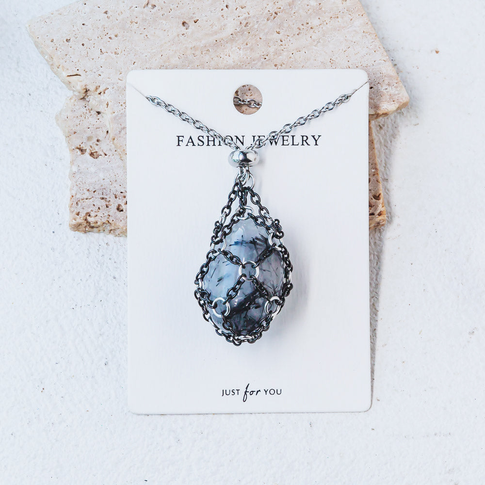 【Black O Mesh】Natural Crystal Adjustable Necklace【Point/Tumbled】