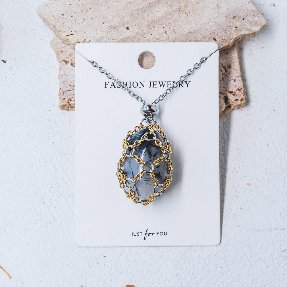 【Golden O Mesh】Natural Crystal Adjustable Necklace【Point/Tumbled】