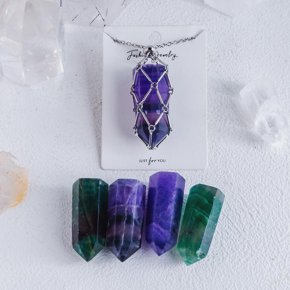 【Silver+Gold】Natural Crystal Net Metal Bamboo Necklace Woven Pendant