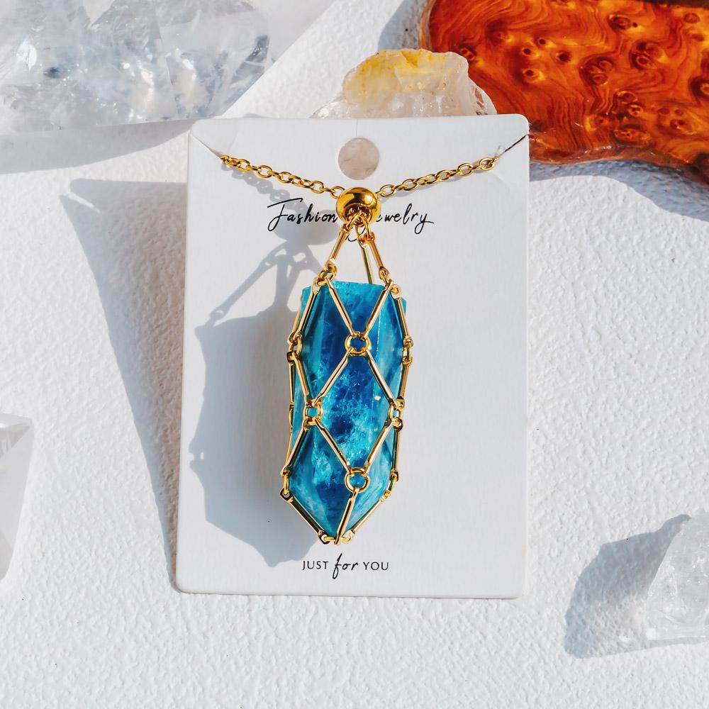 【Silver+Gold】Natural Crystal Net Metal Bamboo Necklace Woven Pendant